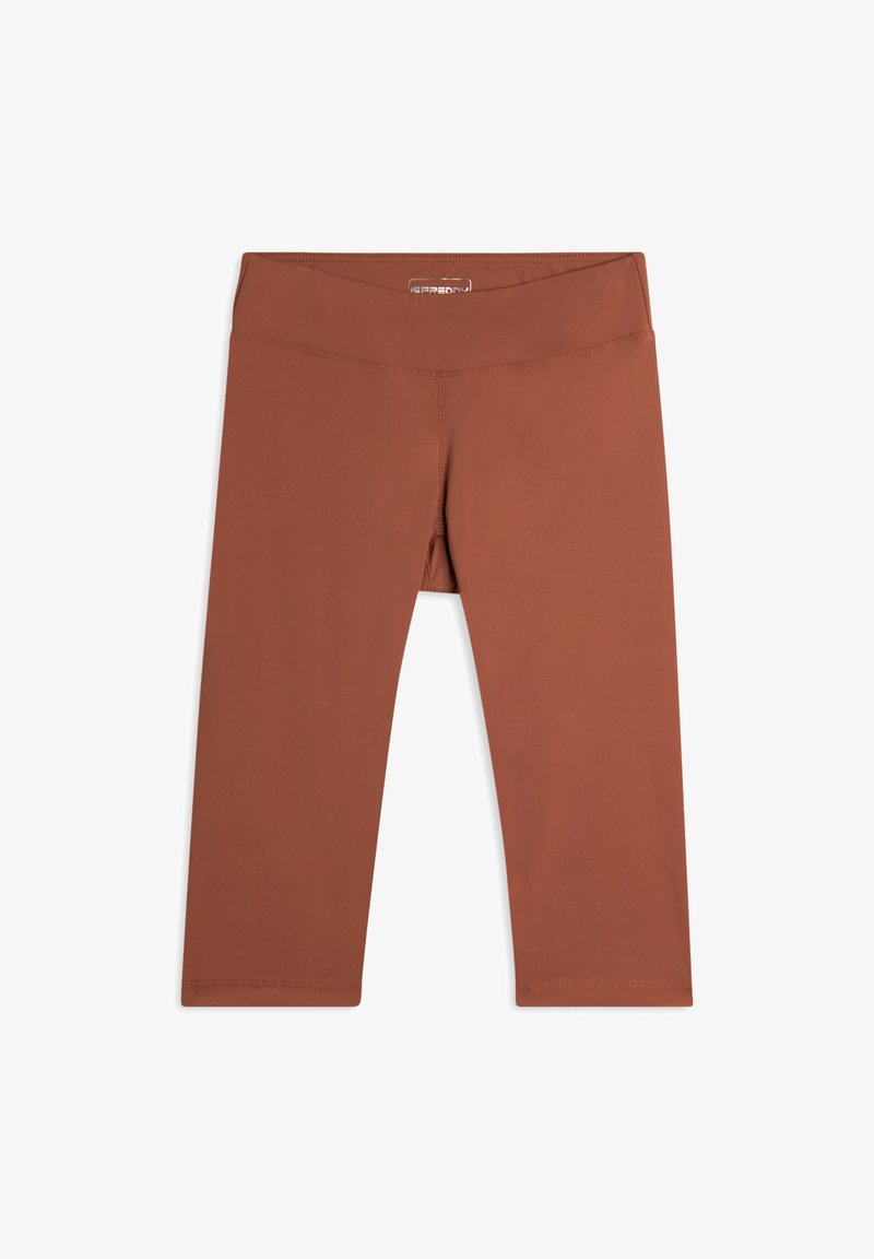 Leggings marrones recortados hechos de tela lisa y elástica con una cinturilla ancha. Construcción sin costuras y sin patrones ni acentos visibles.