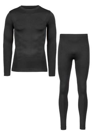 Langärmliges schwarzes Kompressionsshirt mit strukturierten Akzenten und passenden schlichten schwarzen Leggings, beide aus dehnbarem, glattem Material gefertigt.