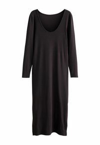Vestido negro de manga larga con canalé y escote amplio, que presenta un corte holgado y un dobladillo recto, confeccionado en un tejido suave y texturizado.