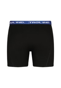 Boxer shorts noirs avec une ceinture bleue arborant un texte blanc. Texture lisse, conception mi-longue avec des détails de surfilage contrastés.