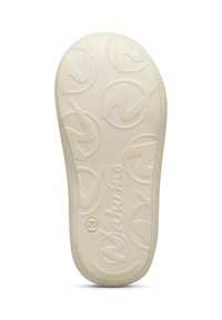 Bílá gumová podrážka boty s texturovaným vzorem, obsahující kruhové vzory a značku "Naturino" vyraženou blízko paty.