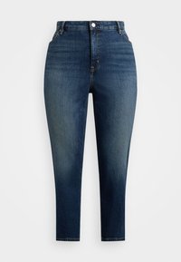 Sötétkék, magas derekú farmernadrág, testhez álló fazonnal, egyenes szabással, öt zsebbel és cipzáras zipzárral. Denim anyagból készült.