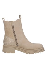 Botte de cheville beige en daim, dotée d'une fermeture éclair sur le côté et d'accents perforés. Semelle en caoutchouc épaisse pour plus de traction et de durabilité.