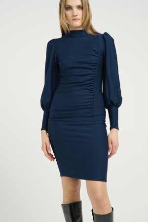 Navy blue fitted dress with long, puffed sleeves and side ruching, made from stretchy material, complemented by a high neckline.