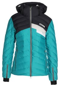 Zielono-czarna izolowana kurtka z zamkiem błyskawicznym i kapturem. Posiada wzór w zygzak, szare akcenty i dwie kieszenie zapinane na zamek.