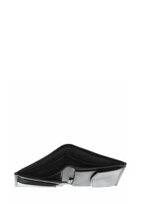 Black leather wallet with a bi-fold design, featuring multiple card slots and a center compartment, smooth texture, and no visible patterns.