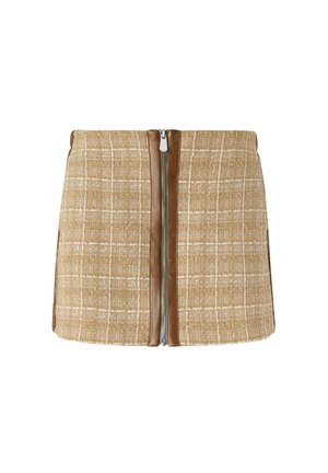 Gonna in tweed marrone con motivo a quadri, dotata di chiusura centrale con cerniera e dettagli in pelle sui lati. Tessuto liscio e texturizzato.