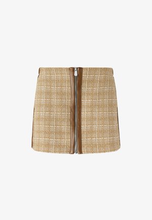 Falda de tweed marrón con un patrón de cuadros, con cierre central de cremallera y acentos de cuero en los laterales. Tejido suave y texturizado.