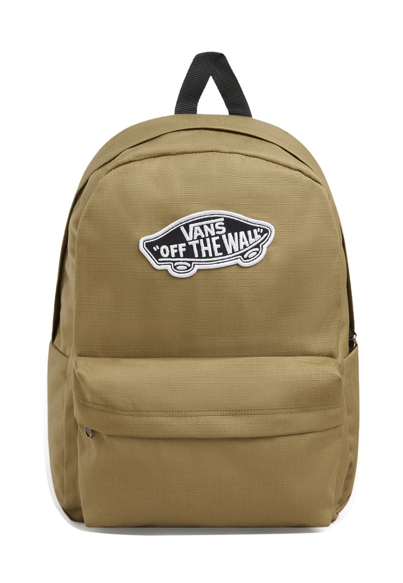 Zaino beige con tessuto testurizzato, dotato di una tasca con zip sulla parte anteriore e un patch con il logo bianco "OFF THE WALL" di Vans sulla parte anteriore.