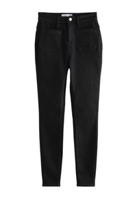 Mustad teksapüksid kitsas lõikega. Omadusteks on nööpkinnitus, vööaugud ja kaks esimest taskut, millel on sile tekstuur.