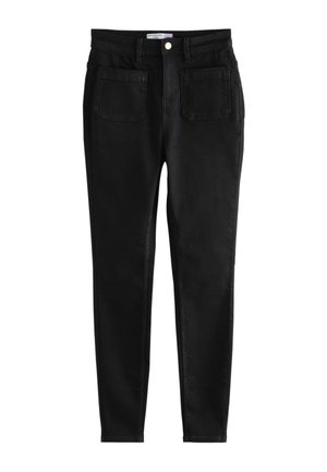 Schwarze Jeans aus Denim mit schmaler Passform. Merkmale sind ein Knopfverschluss, Gürtelschlaufen und zwei Vordertaschen mit glatter Textur.