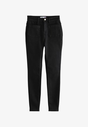 Zwarte denim jeans met een slim fit. Voorzien van een knoopsluiting, riemlussen en twee voorzakken met een gladde textuur.