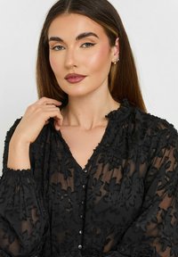 Zwarte sheer blouse met bloemenborduurwerk, V-hals, lange pofmouwen en een knoopsluiting aan de voorkant met ronde knopen. Gemêleerd uiterlijk.