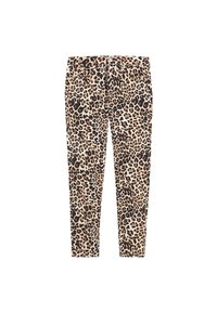 Leggings con estampado de leopardo que presentan una base beige con manchas negras, ajuste ceñido y una cintura elástica para mayor comodidad. Sin herrajes ni detalles visibles.