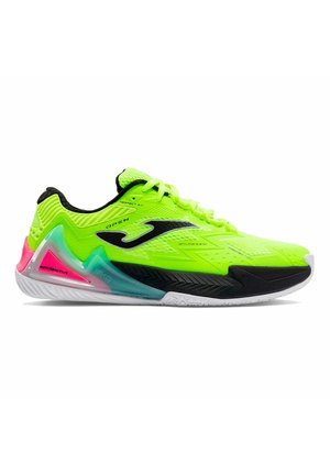 Scarpa da ginnastica verde neon con dettagli neri, tomaia in mesh, supporto del tallone multicolore in rosa e turchese, e suola bianca, vista laterale.