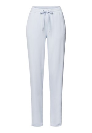 Pantaloni sportivi azzurri chiari con vita elastica, cordino regolabile e gambe affusolate. Tessuto liscio senza motivi visibili o accessori.