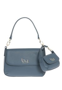 Borsa in pelle sintetica blu con piccola pochette staccabile, dettagli in oro, forma rettangolare e superficie liscia.