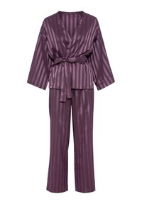 Satin pyjama set in diep paars met brede mouwen, een strikceintuur en verticale strepen op zowel het bovenstuk als de broek. Glad stof, relaxte pasvorm.