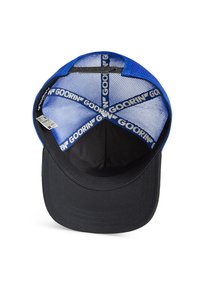 Blue mesh cap with a black brim. Interior features black fabric lining and white logo tape. Structured shape with a rounded crown.