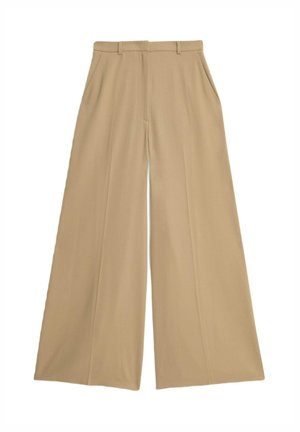Beige wide-leg trousers made from a lightweight fabric, featuring two side pockets, a flat front, and a smooth texture.