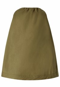 Oliva zeleni suknja od glatkog materijala, s elastičnim pojasom i jednostavnim A-linijskim oblikom. Bez uzoraka ili ukrasa.