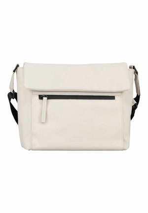 Sac messager couleur crème avec poche avant zippée, fermeture à rabat et bandoulière noire réglable.