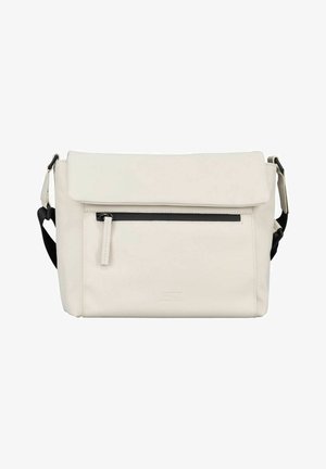 Sac messager couleur crème avec poche avant zippée, fermeture à rabat et bandoulière noire réglable.