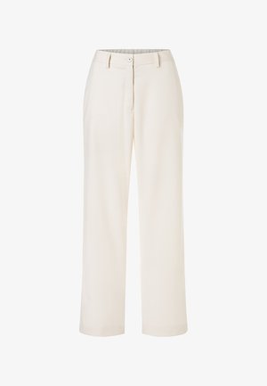 Pantaloni color crema a gamba dritta con chiusura a bottoni, passanti per cintura e finitura liscia e sartoriale.