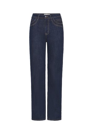 Dunkelblaue Jeans aus Denim mit geradem Bein-Design, ausgestattet mit einem Knopfverschluss, Fronttaschen und kontrastierenden gelben Nähten.