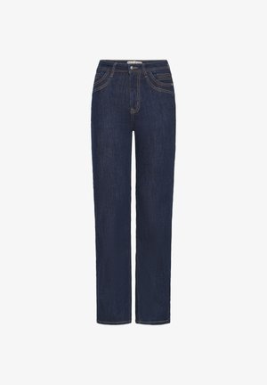 Jeans din denim de un albastru închis, cu un design cu picior drept, având un sistem de închidere cu nasturi, buzunare frontale și detalii de cusătură galbenă în contrast.