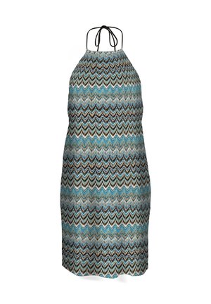 Mouwloze halterjurk met zigzagpatroon in blauw, bruin, zwart en wit, voorzien van een striksluiting bij de hals.