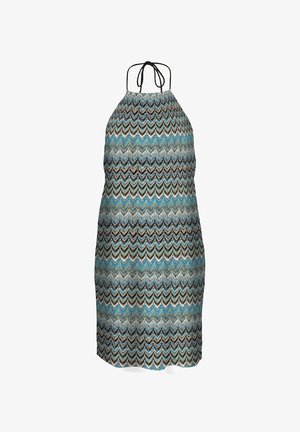 Robe sans manches à col licou avec motif zigzag en bleu, marron, noir et blanc, avec une fermeture à nouer au niveau du cou.