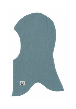 Cagoule en tissu bleu-gris avec une protection étendue du cou et une petite étiquette blanche près du bord inférieur.
