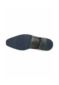 Suela de zapato de cuero marrón con una textura suave, tacón de goma azul y detalles de logotipos en relieve. Diseño plano con forma redondeada.