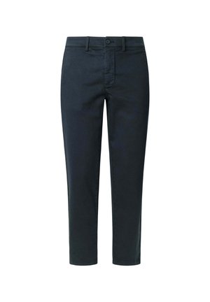Chinos navy ajustés en coton avec une texture lisse. Dotés d'un zip, d'une fermeture à bouton et de deux poches avant.