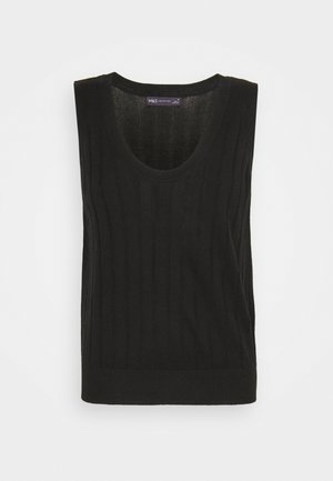 Gilet sans manches en maille noire avec une texture côtelée et un col rond, posé à plat sur un fond blanc.