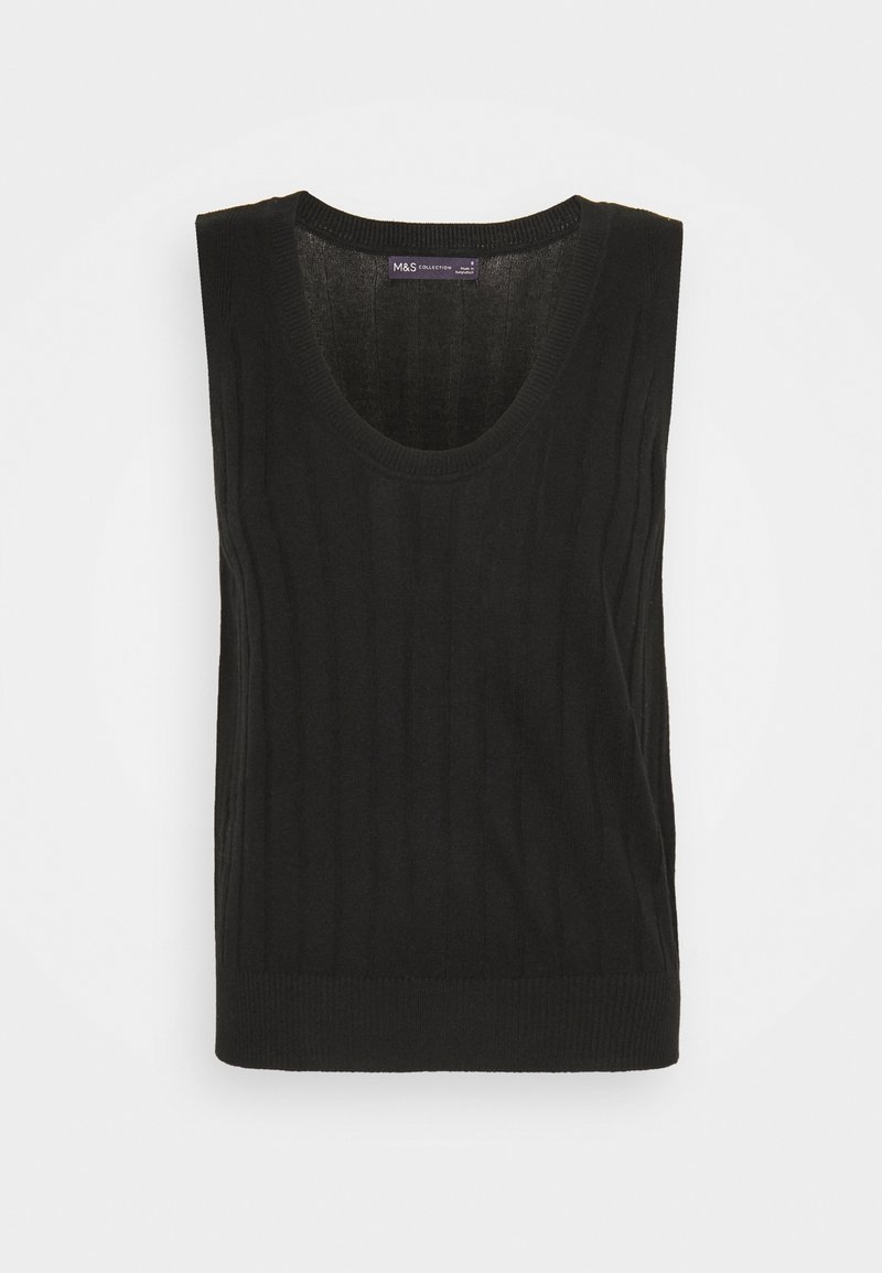 Gilet sans manches en maille noire avec une texture côtelée et un col rond, posé à plat sur un fond blanc.