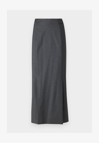 Γκρι, μακρύ φούστα από λείο ύφασμα με στενή μέση, που διαθέτει μια διακριτική σχισμή και χωρίς ορατούς κλειδαριές ή μοτίβα.