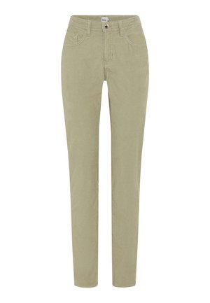 Pantaloni in corduroy verde chiaro con una vestibilità slim, cinque tasche, bottone frontale e zip. Tessuto morbido con righe verticali.