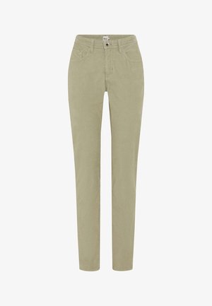 Helle grüne Cordhosen mit slim fit, fünf Taschen, einem Vorderknopf und einem Reißverschluss. Weiche Textur mit vertikalen Rillen.