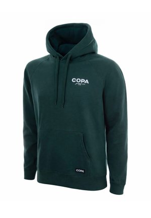 Donkergroene capuchontrui met voorzak, trekkoorden en wit "COPA football club"-logo op borst en taille.