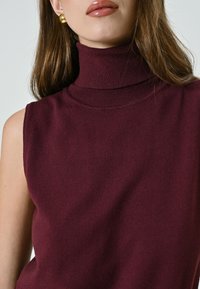Bordeauxfarbener ärmelloser Rollkragenpullover aus weichem Stoff mit geripptem Kragen, der eine glatte Textur und eine figurbetonte Silhouette aufweist.