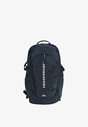 Dark blue SWEDMOUNT 30L backpack with front zipper pocket, side straps, and top carrying handle.