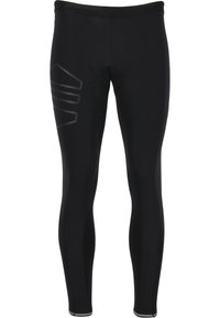 Svarta idrottsleggings i stretchmaterial, med en slät textur, kroppsnära passform och ett subtilt geometriskt mönster på sidan.