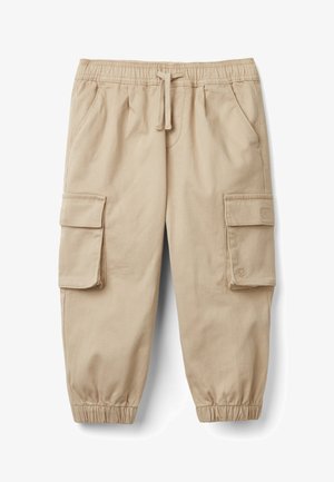 Beige cargobroek met een elastische taille, trekkoord en elastische boorden. Voorzien van twee zij cargopockets en een soepele katoenmix structuur.