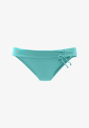 Turquoise bikini bottom made of ribbed fabric. Features a wide waistband with adjustable tie, smooth texture, and minimalistic design.