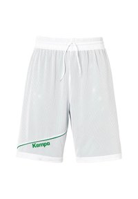 Witte mesh sportshorts met een groene accentlijn en het "Kema" logo aan de onderlinkerkant. Elastische tailleband met verstelbaar trekkoord.