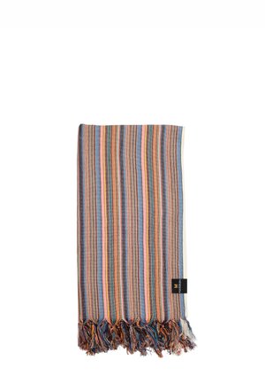 Coperta a righe nei toni del blu, pesca e crema; presenta bordi frangiati con colori di filo misti; tessuto testurizzato; etichetta in un angolo.