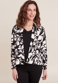 Schwarz-weiße Jacke mit Blumenmuster aus leichtem Stoff, mit offenem Vorderteil, langen Ärmeln und lockerer Passform.