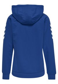 Felpa con cappuccio blu dal morbido tessuto, caratterizzata da motivi a chevron bianchi sulle maniche e una vestibilità rilassata. Il design complessivo è semplice.